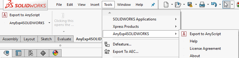 AnyExp4SOLIDWORKS menu